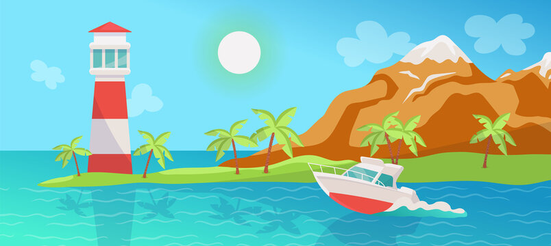 Tropical summer day sea landscape with boat, flat cartoon vector illustration.