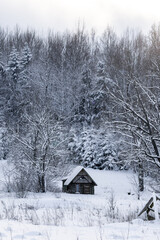 a little gray wooden house stands on a hillside forest in the winter white fluffy snow