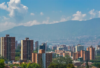 Aerial view of houses and buildings in the city of Medellin, Barrio El Poblado.