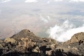 Scenic rock formations above the clouds at Mount Meru, Tanzania