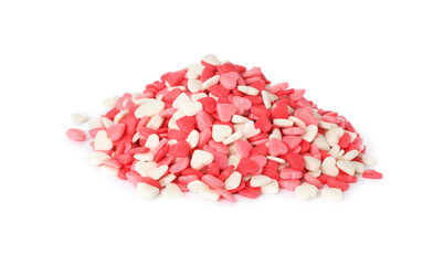 Pile of bright heart shaped sprinkles on white background