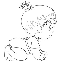 Pretty Crawling Baby Kid Isolated. Socialization, Infancy. Diapers. Black and white illustration for coloring book. crawl.