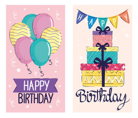 happy birthday letterings cards with balloons helium and gifts vector illustration design