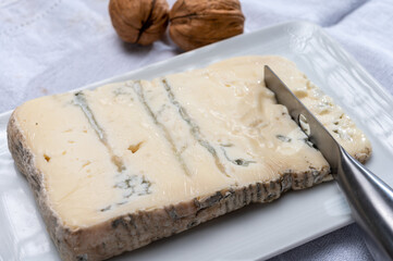 Italian food, buttery or firm blue cheese made from cow milk in Gorgonzola, Milan, Italy