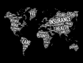 Fototapeta na wymiar Insurance word cloud in shape of world map, concept background