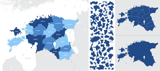 Detailed blue map of  Estonia with administrative divisions into regions country, vector illustration