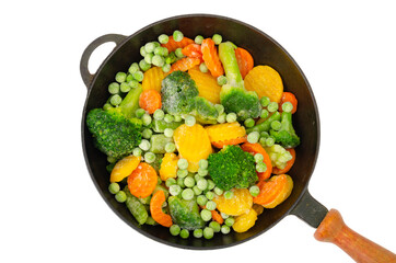 Pan with frozen pieces of vegetables isolated on white background. Studio Photo