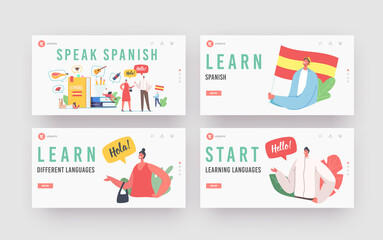 Fototapeta na wymiar People Learning Spanish Language Course Landing Page Template Set. Tiny Characters at Huge Books, Teacher and Students