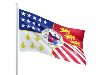 Detroit (city in Michigan state) flag waving on white background, close up, isolated. 3D render