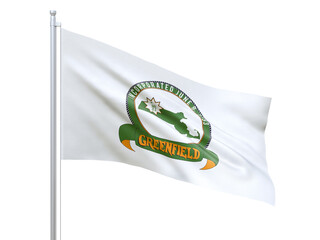 Greenfield (city in Massachusetts state) flag waving on white background, close up, isolated. 3D render