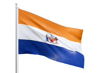 Albany (city in New York state) flag waving on white background, close up, isolated. 3D render