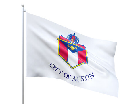 Austin (city in Texas state) flag waving on white background, close up, isolated. 3D render