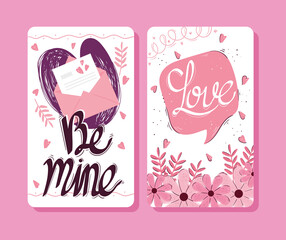 happy valentines day lettering cards with speech bubble and envelope vector illustration design