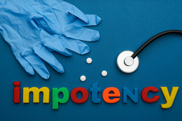 Flat lay composition with word IMPOTENCY on blue background