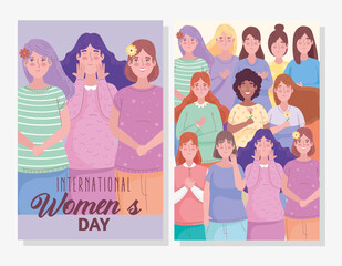 happy womens day lettering with group of girls vector illustration design