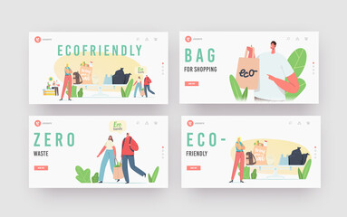 People Visit Shop with Reusable Eco Bags and Packaging Landing Page Template Set. Characters Use Ecological Packing