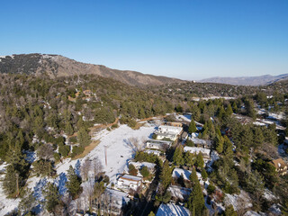 Aerial view of historic Downtown City of Julian during snow day. Famous for it's apple pies, and the Wilcox Building.California, USA