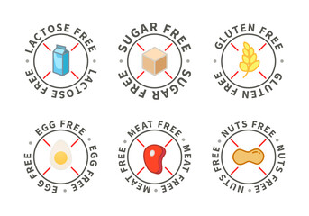 Set of modern simple food icons, lactose free, sugar free, nuts free, egg free, meat free, gluten free on white