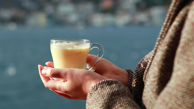 masala tea in the front, bosphorus bay in the background