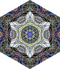 Creative hexagonal tile with decorative hand drawn ornament. Kaleidoscope.
