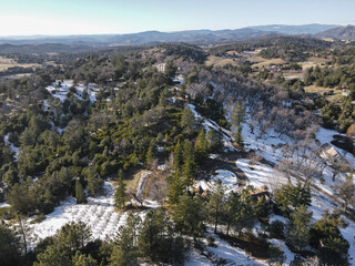 Aerial view of historic Downtown City of Julian during snow day. Famous for it's apple pies, and the Wilcox Building.California, USA