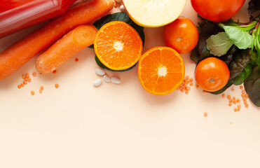 paper bag of vegetables and fruits, or healthy food delivery background. Healthy vegetarian food, copy space. Food supermarket and pure vegan food concept.