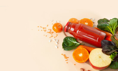 paper bag of vegetables and fruits, or healthy food delivery background. Healthy vegetarian food, copy space. Food supermarket and pure vegan food concept.