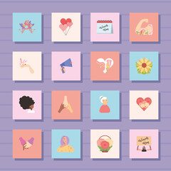 womens day icons set woman flower heart placard megaphone