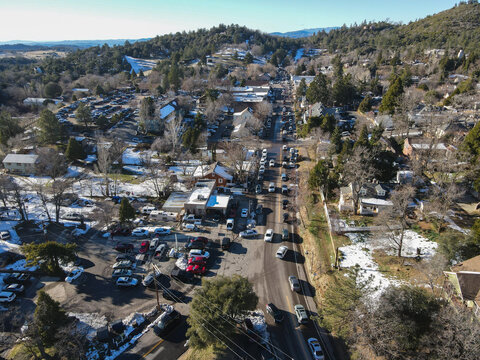 Aerial view of historic Downtown City of Julian during snow day. Famous for it's apple pies, and the Wilcox Building.California, USA - Powered by Adobe
