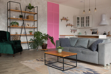 Modern open plan kitchen with living area and big window