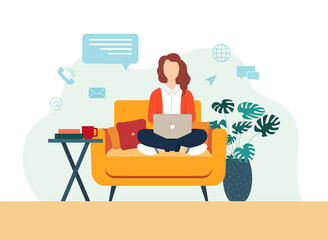 Girl with a laptop sits in a comfortable chair. Home office concept. A woman sitting on a couch works at home. Education or freelance concept. Vector illustration in a flat cartoon style.