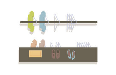 Clothes closet from top view - fashion clothing items on hangers