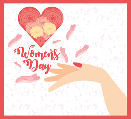 womens day, female hand with petals flowers heart in cartoon style