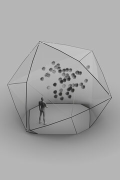 3d illustration with abstract human figure inside transparent glass polyhedron with many virus cells
