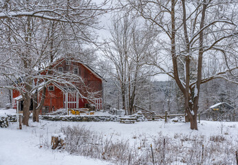 A red barn in Massachusetts in the Winter. 