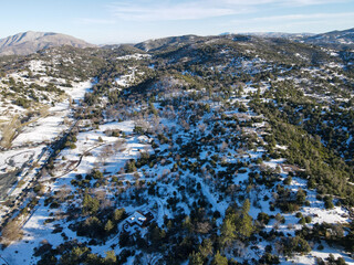Aerial view of historic Downtown City of Julian during snow day. Famous for it's apple pies, and the Wilcox Building.California, USA