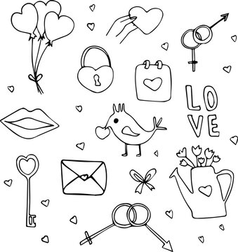 Love clipart doodles San Valentine's day. Hand drawn illustration. Graphic holiday letter object romance.