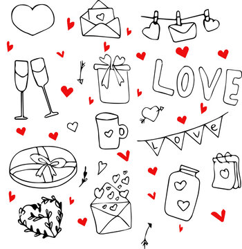 Love clipart doodles San Valentine's day. Hand drawn illustration. Graphic holiday letter object romance. Red hearts.