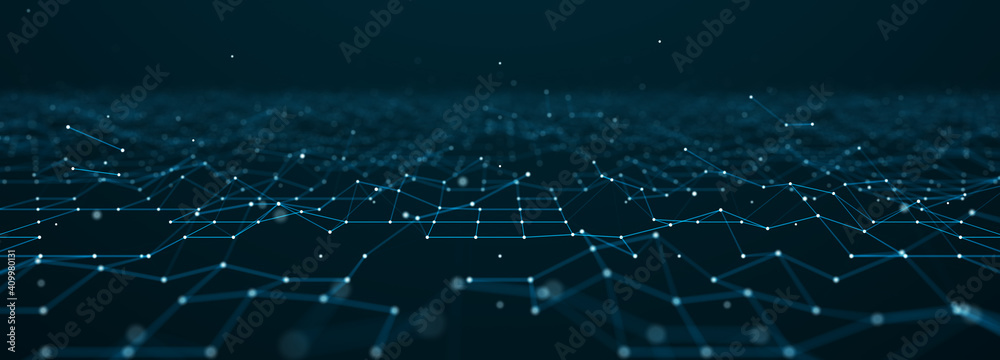 Fototapete Corrupted network or connection. Abstract digital background of points and lines. Glowing plexus. Big data. Abstract technology science background. 3d rendering