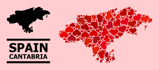 Love mosaic and solid map of Cantabria Province on a pink background. Collage map of Cantabria Province is composed with red lovely hearts. Vector flat illustration for love conceptual illustrations.