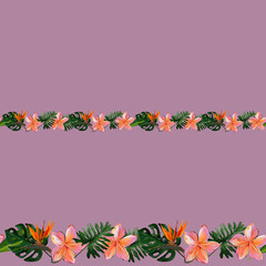 Seamless purple border of Tropical Hawaii leaves and flowers for duct tape, adhesive tape, ribbons, fabric trim, footer, letterhead. Gouache hand drawn illustration © Olena