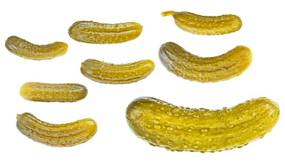 Set of marinated pickled cucumbers isolated on a white background, top view. Pickled gherkins.