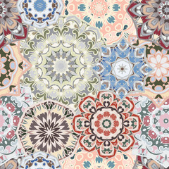 Seamless pattern with floral mandala. Arabic multicolor ornament for printing on fabric ore paper.