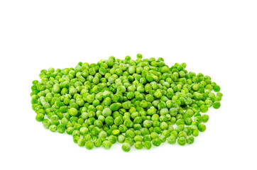 Pile of frozen blanched green peas isolated on white background. Healthy food. Studio Photo