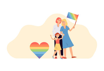 Happy same sex lgbt couple with their daughter a flat vector illustration