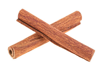 Two sticks of cinnamon isolated on a white background. Delicious cinnamon sticks.