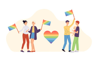 Homosexual and lesbian couples with LGBT symbols, vector illustration isolated.