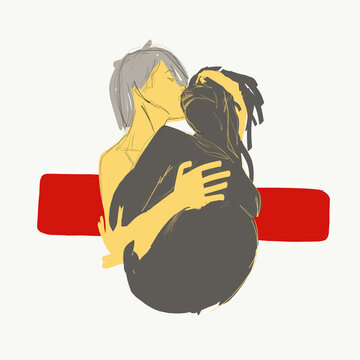 Vector illustration of multiracial naked couple embracing and kissing passionately with closed eyes during foreplay