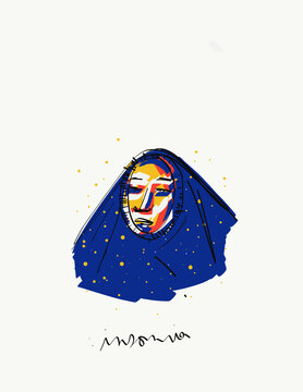 Vector illustration of melancholic person peeping out of warm knitted sweater in cold winter day