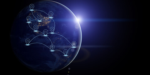 Map pin network on the Earth planet at night on space banner background. Travel location on the globe. Elements of this image furnished by NASA.